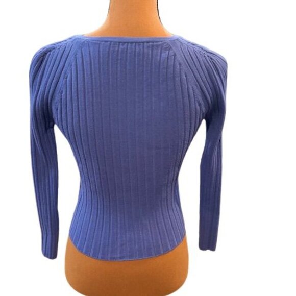Zara Ribbed Deep-V Cropped Long Sleeve Sweater in Blue – Size Medium - Picture 4 of 7